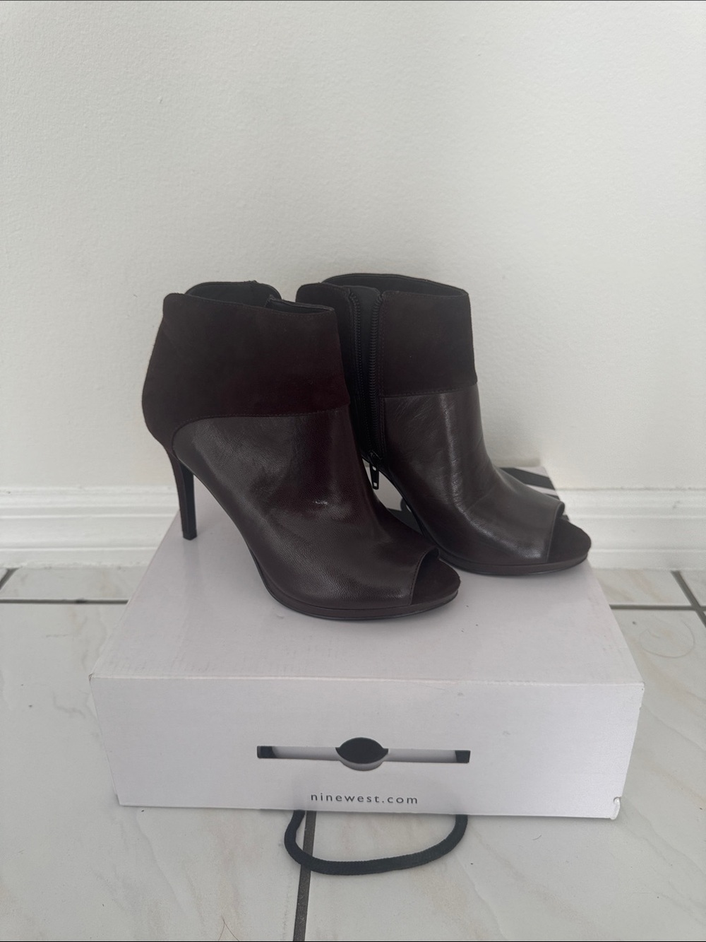 Nine West Dark Brown Peep-Toe Leather & Suede Ankle Boot heels